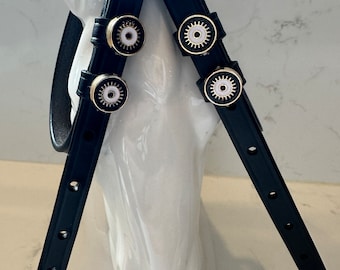 Black English Leather Spur Straps with Evil Eye Charms