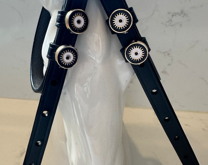 Black English Leather Spur Straps with Evil Eye Charms