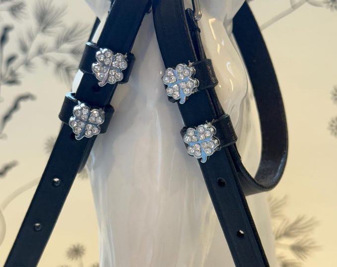 Black English Leather Spur Straps with Bling Clover Charms