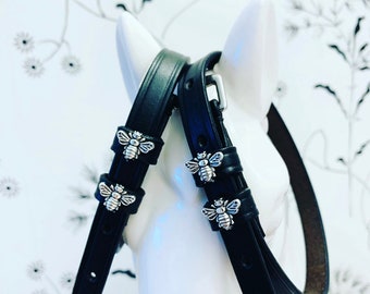 Black English Leather Spur Straps with silver Bee charms