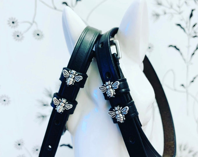 Black English Leather Spur Straps with silver Bee charms