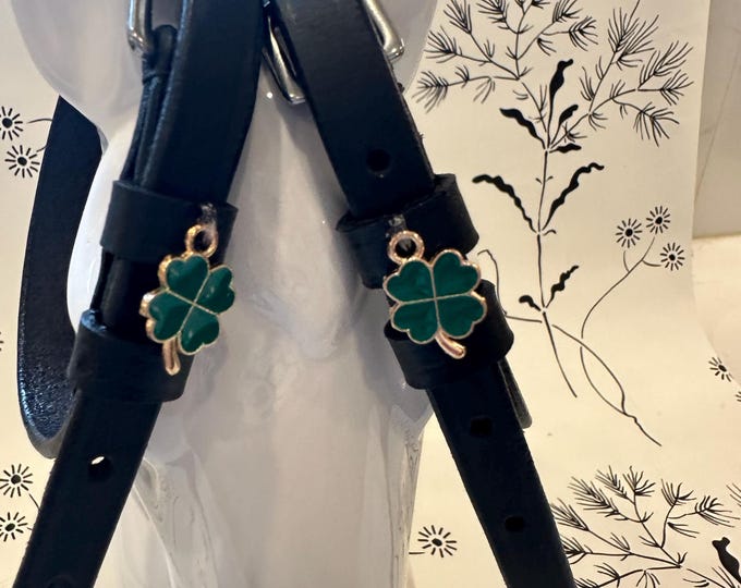 English Leather Spur Straps with Green Four Leaf Clover Charm