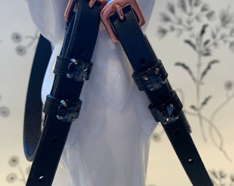 Black English leather spur straps with rose gold buckles