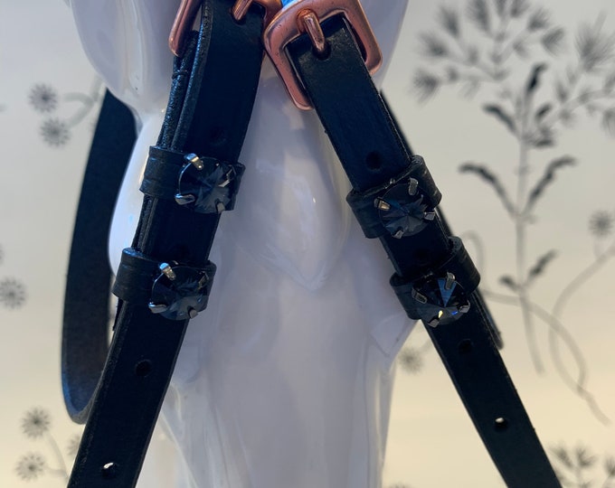 Black English leather spur straps with rose gold buckles