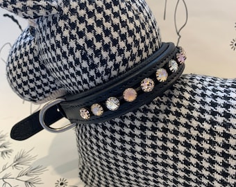 Black Leather Padded Dog Collar with Crystals