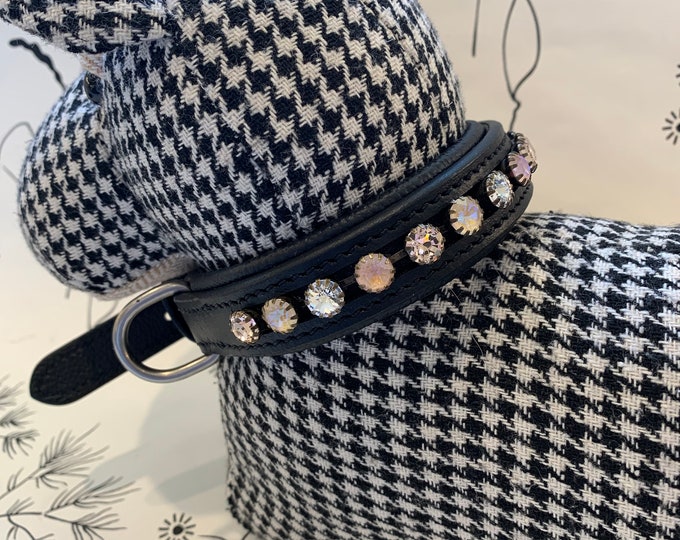 Black Leather Padded Dog Collar with Crystals