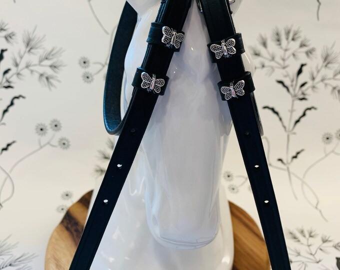 English Leather Spur Straps with Silver Butterfly Charms