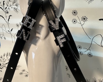 Black English Leather Spur Straps with Crystal Letter Charms