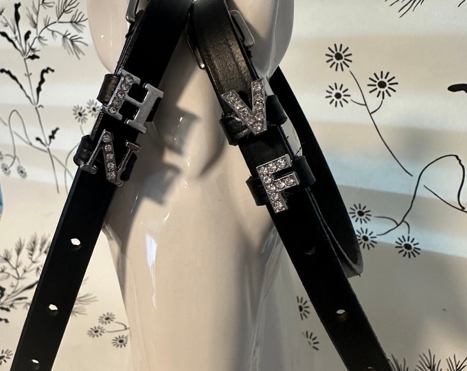 Black English Leather Spur Straps with Crystal Letter Charms