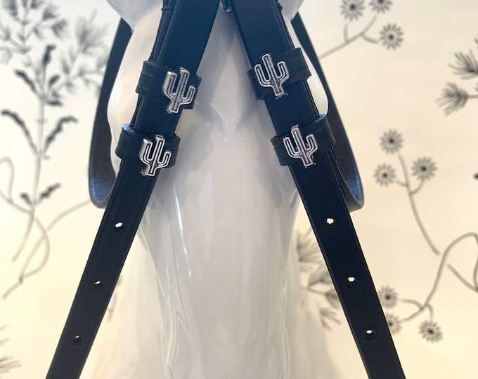 Black English Leather Spur Straps with Cactus
