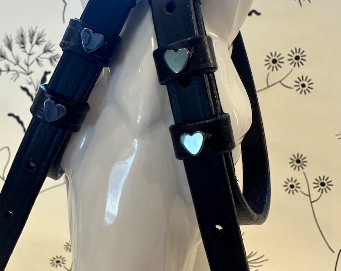 Black English Leather Spur Straps with Hematite or Silver Hearts