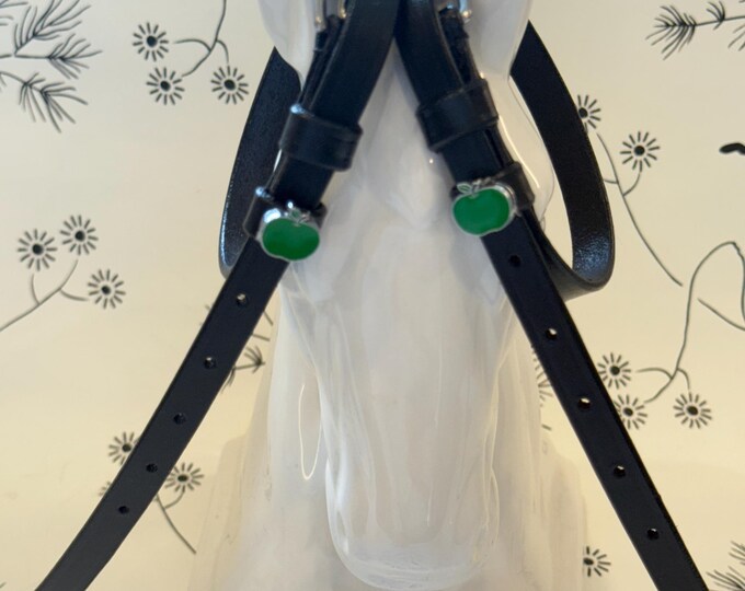 Black English Leather Spur Straps with Green Apples