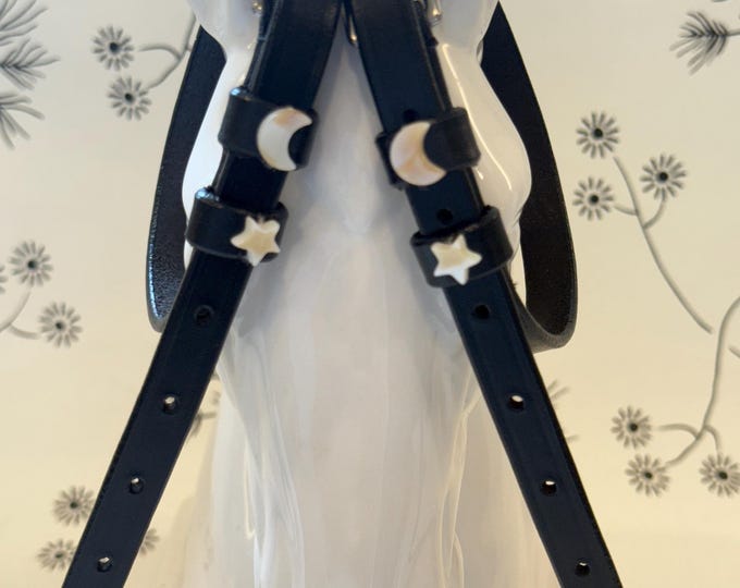 Black English Leather Spur Straps with Moon and Stars charms