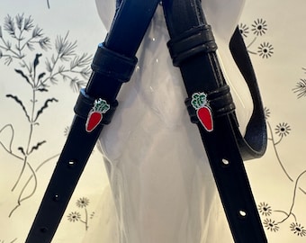 Black English Leather Spur Straps with Carrot Charms