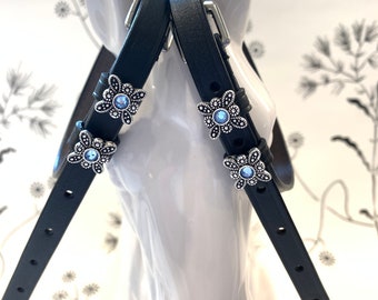 Black English Leather Spur Straps with Antique Silver/Crystal Butterfly Charms