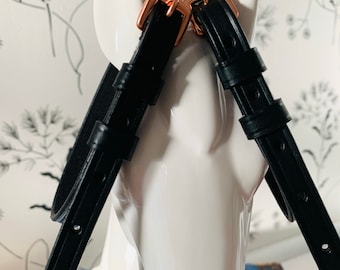 Black English Leather Spur Straps with Rose Gold Buckles