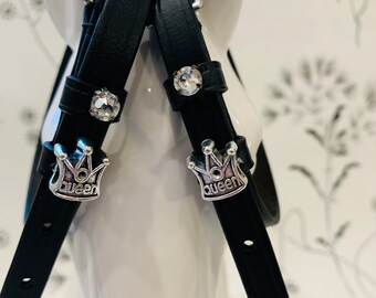 Black English Leather Spur Straps with Queen Crown and Crystal