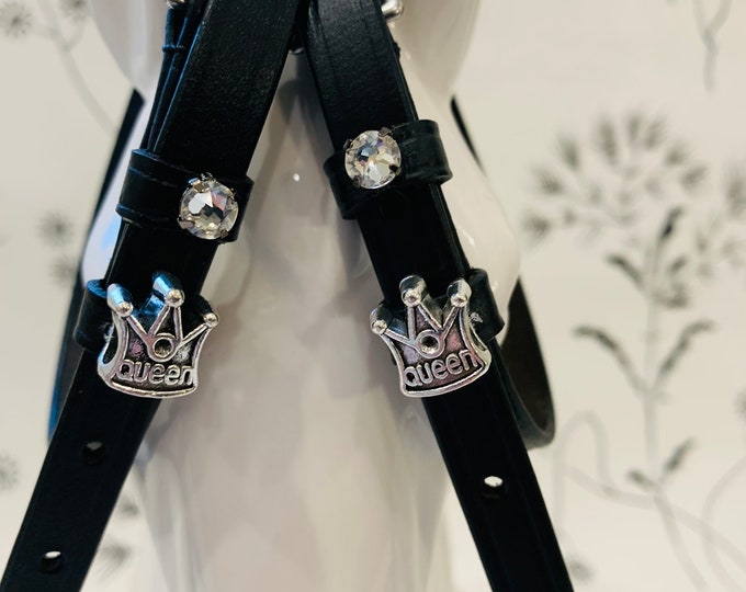 Black English Leather Spur Straps with Queen Crown and Crystal