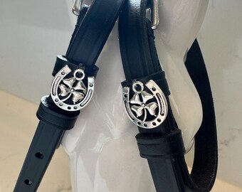 Black English Leather Spur straps with silver horse shoe and 4 leaf clover charm