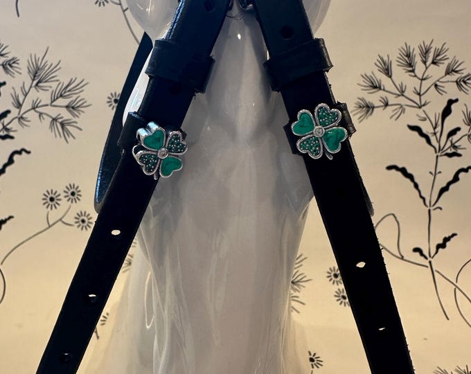English Leather Spur Straps with Green Crystal Four Leaf Clover