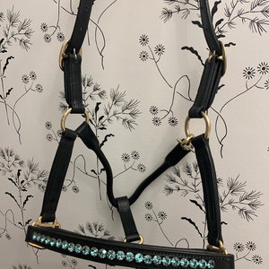 Black English leather Mini Horse Halter with Bronze Hardware and Crystals