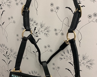 Black English leather Mini Horse Halter with Bronze Hardware and Crystals