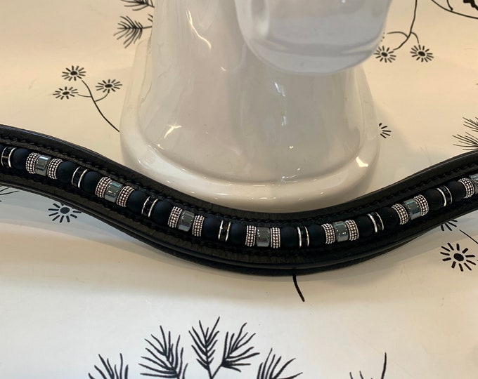 Navy Blue or Black Bead and Hematite English Leather Ushape browband