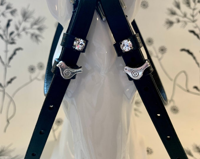 English Leather Spur Straps with crystals and silver bird/dove charms