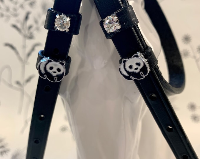 Black English Leather Spur Straps with Panda and Crystal Charms