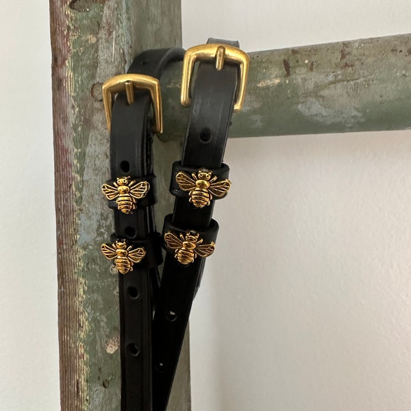 Black English Leather Spur Straps with Solid Brass Buckles and Bee Charms