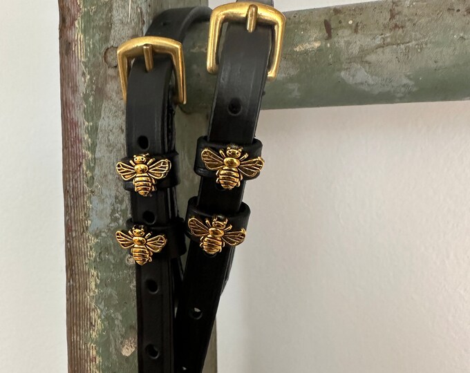 Black English Leather Spur Straps with Solid Brass Buckles and Bee Charms