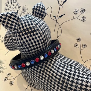 Red White and Blue Black Leather Crystal Dog Collar