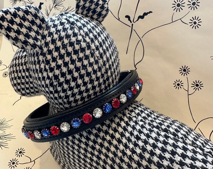 Red White and Blue Black Leather Crystal Dog Collar