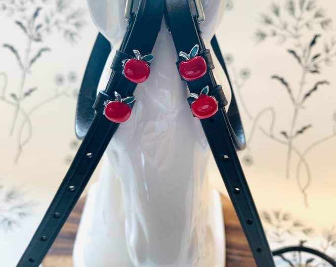 Black English Leather Spur Straps with Apple Charms