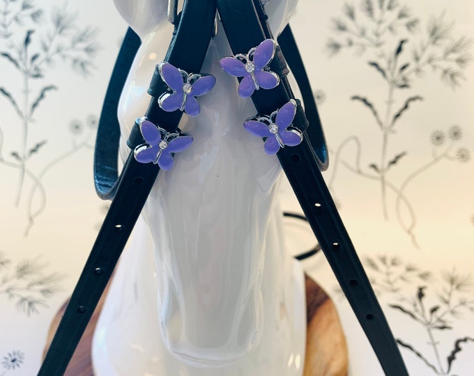 Black English Leather Spur Strap Purple Butterflies