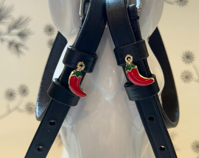 Black English Leather Spur Straps with Chilli Peppers