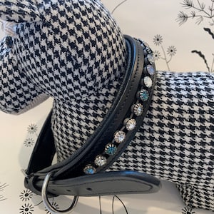 Black padded leather dog collar with crystals