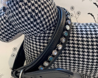 Black padded leather dog collar with crystals