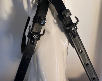 Black English Leather Spur Straps with Black Cow Skull and Crystal