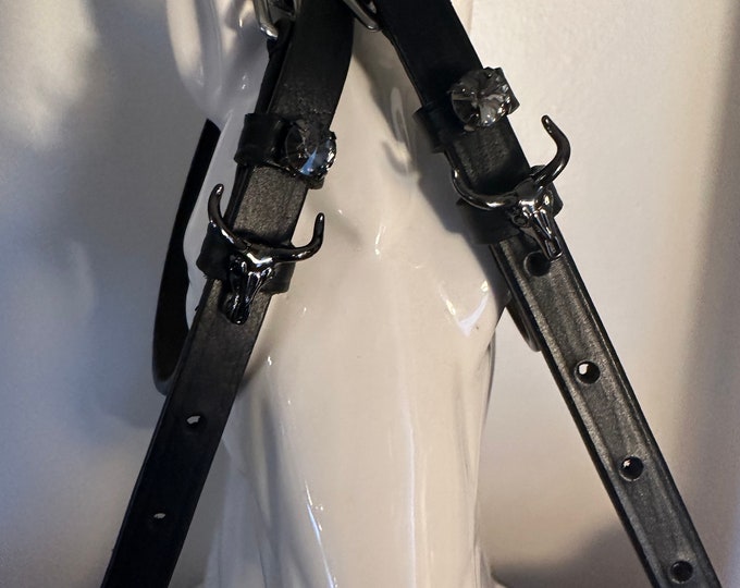 Black English Leather Spur Straps with Black Cow Skull and Crystal