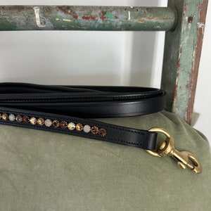 Black English Leather Padded Dog Leash with hand sewn crystals