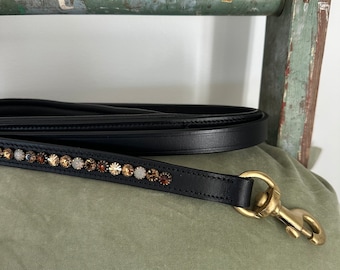 Black English Leather Padded Dog Leash with hand sewn crystals