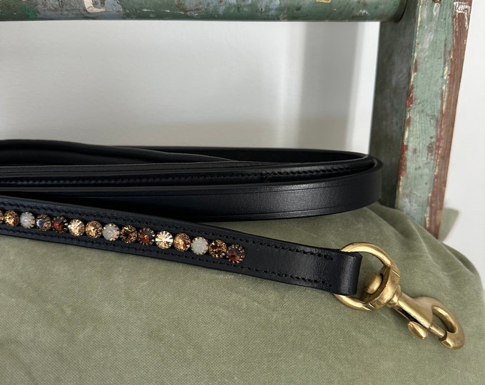 Black English Leather Padded Dog Leash with hand sewn crystals