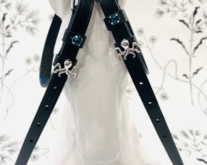 Black English Leather Spur Straps with Octopus and Crystals