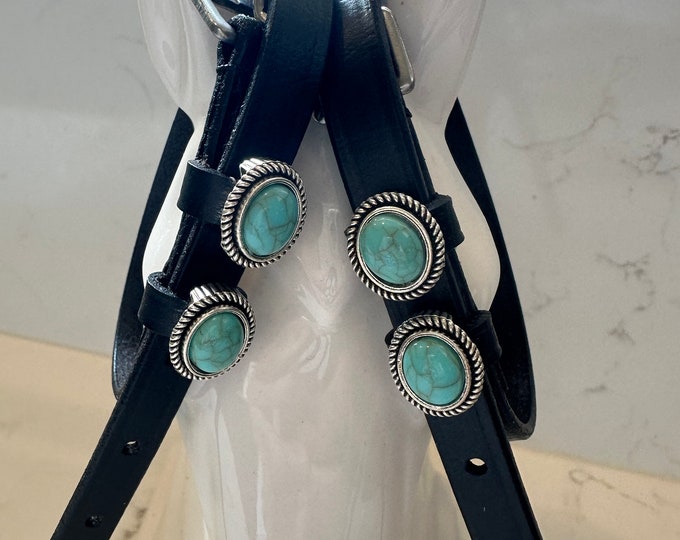 Black English Leather Spur Straps with Turquoise/Silver Charms