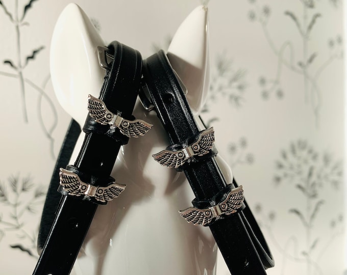 Black English Leather Spur Straps with Angel Wings