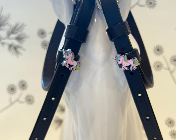 Black English Leather Spur Straps with Pink Unicorn Charms