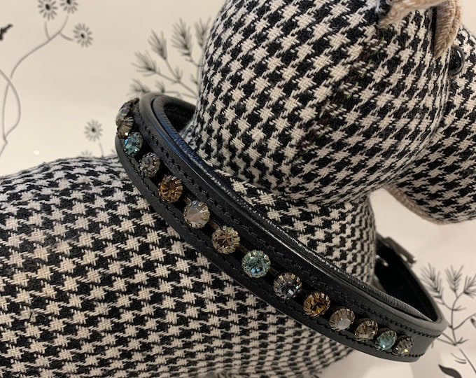 Black leather dog collar with chrome hardware and crystals
