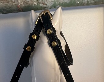 Black English Leather Spur Straps with Solid Brass Buckles and Gold Leaf Charm