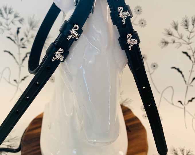 Black English Leather Spur Straps with Flamingos